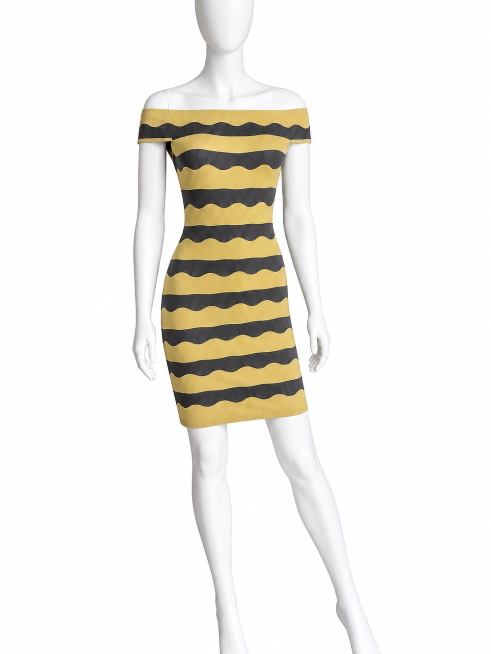 WOW couture Yellow & Charcoal Gray Off-Shoulder Wavy-Stripe Midi Dress